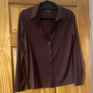 LOFT Women's Dark Brown/Burgundy Stretchy Button-Down Shirt
